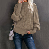 Damen nan Zopfmuster-Strickpullover mit Rollkragen und Ballonärmeln Drune – Khaki