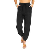 Damen nan leichte Leinenoptik Freizeit-Hose mit hohem elastischem Bund, Kordelzug, aufgesetzten Taschen und elastischen Knöchelbündchen Drune – Schwarz