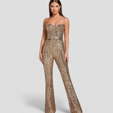 Damen Jumpsuit mit Pailletten, taillierter Schnitt und ausgestelltem Bein für festliche Anlässe – Gold