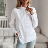 Damen nan strukturierte Bluse mit Rüschenknopfleiste und Stehkragen Drune – Weiß