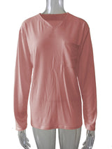 Damen nan legeres Langarmshirt mit V-Notch-Ausschnitt, Brusttasche und lockerer Oversize-Passform Drune – Pink - mit Tasche, Langarm