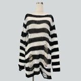 Damen nan Oversized Grobstrickpullover mit breiten Blockstreifen und aufgerissenem Design Drune – Lang Schwarz-Weiß