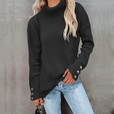 Lässiger Rollkragenpullover für Damen | Mit Knopfmanschetten – Schwarz