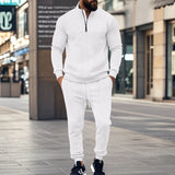 Herren nan Strick-Trainingsset mit halbem Reißverschluss, Zopfmuster-Pulli und Kordelzug-Jogger Drune – Weiß