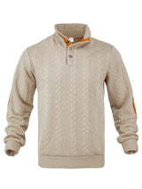 Herren nan Zopfmuster-Pullover mit Stehkragen, halber Knopfleiste und Ellbogenpatches Drune – Hellkhaki