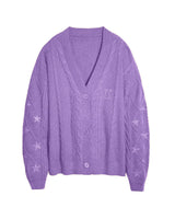 Damen nan großzügiger Grobstrick-Cardigan mit Zopfmuster, V-Ausschnitt und Sternstickereien Drune – Violett