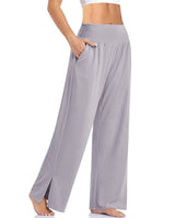 Damen nan weite Yogahose mit hohem Komfortbund, seitlichen Eingrifftaschen und seitlichem Bein-Schlitz Drune – Hellgrau