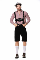 Herren nan kurze Trachtenlederhose in Veloursleder-Optik mit besticktem Brustlatz und verstellbaren Trägern Drune – 82342 Schwarz【Mütze + Oberteil + Trägerhose】