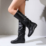 Damen nan knielange Slouch-Stiefel mit weichem Schaft und niedrigem Blockabsatz Drune – Schwarzes Flach