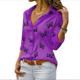 Damen nan lockere Longbluse mit Schmetterlingsprint und Hemdkragen Drune – Lila