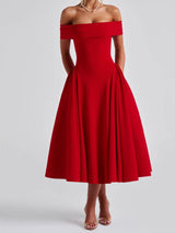 Cleane | Kleid mit entblößten Schultern Ausgestellt Midi – Rot