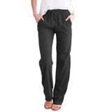 Damen nan leichte Leinenhose mit elastischem Bund Tunnelzug und weitem Bein Drune – Schwarz