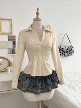 Damen nan taillierte Hemdbluse mit geraffter Brustpartie und Schößchen Drune – A7