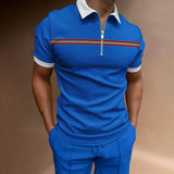 Herren lässiges Kurzarmpoloshirt mit Reißverschluss und sportlichem Streifenmuster Aliams – Blau