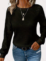 Damen nan Pullover mit Waffelstruktur, Raglanform und transparenter Spitzenärmel Drune – Schwarz