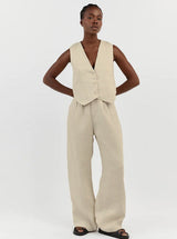 Mara | Elegantes Leinen-Set mit Weste & Weitbein-Hose – Khaki