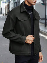 Herren nan Wolloptik-Overshirt Jacke im Shacket-Stil mit Brustklappen und Druckknopfleiste Drune – Schwarz