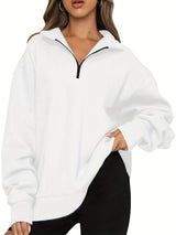 Damen nan Oversized Sweatshirt mit Kurzreißverschluss, Stehkragen und Kängurutasche Drune – Weiß