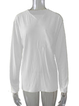 Damen nan legeres Langarmshirt mit V-Notch-Ausschnitt, Brusttasche und lockerer Oversize-Passform Drune – Ohne Tasche - Weiß Langarm