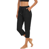 Damen nan komfortable Loungehose mit hohem Bund Tunnelzug Seitentaschen und leichtem Stretch Drune – Schwarz (7/10-Hose)
