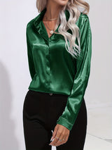 Odalinde - Damen Elegante Satinbluse – Dunkelgrün