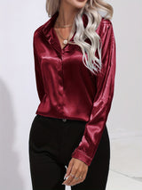 Odalinde - Damen Elegante Satinbluse – Dunkelrot