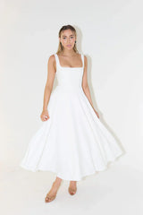 Damen Sommerkleid Baumwolle Leinen Mit Bindeträgern Und A-Linien-Schnitt – Weiß