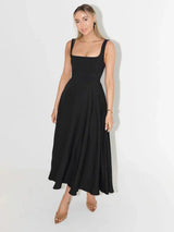 Damen Sommerkleid Baumwolle Leinen Mit Bindeträgern Und A-Linien-Schnitt – Schwarz