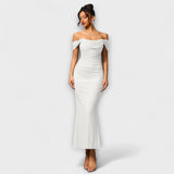 Ione - Off-Shoulder Ruffled Bodycon Dress – Weiß