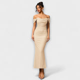 Ione - Off-Shoulder Ruffled Bodycon Dress – Beige