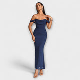 Ione - Off-Shoulder Ruffled Bodycon Dress – Marineblau