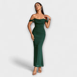 Ione - Off-Shoulder Ruffled Bodycon Dress – Dunkelgrün