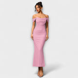 Ione - Off-Shoulder Ruffled Bodycon Dress – Pink