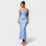Ione - Off-Shoulder Ruffled Bodycon Dress – Blau
