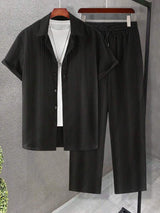 Elegantes Herren-Set in Plissee-Optik | Hemd & Lange Hose – Schwarz