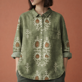 Blumenmuster Bluse mit langen Ärmeln und Kragen für Damen | Viona – Olivgrün