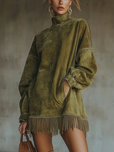 Alfhild™ - Langärmeliges Minikleid mit Fransen – Grön