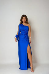 Einseitiges satiniertes Maxi-Abendkleid für Damen – Blau