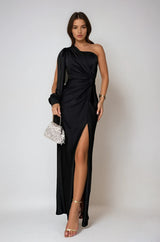 Einseitiges satiniertes Maxi-Abendkleid für Damen – Schwarz