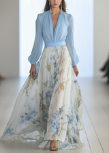 Sofie - Damen Maxikleid mit V-Ausschnitt und geblümtem Saum – Hellblau