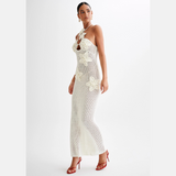 Häkel-Maxikleid mit Blumenapplikationen und Neckholder für Damen – Weiß