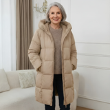 Eponina – Lange, Wattierte Jacke Mit Kapuze – Beige