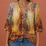 Bedruckte Bluse mit V-Ausschnitt und Knopfverschluss für Damen | Mireya – Orange