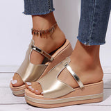 Damen Plattform Sandalen Peep Toe Slip-On mit Metallic Akzent für Frühling/Sommer – Gold