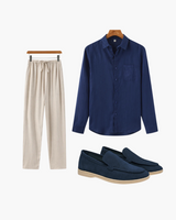 Nicholas | 3-teiliges Old Money Sommer-Outfit mit Leinenhemd, hose & Wildleder-Loafer – Marineblau