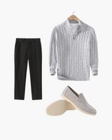 Hunter | 3-teiliges Set Grau Zopfmuster Half Zip pullover mit hose & Wildleder-Loafer – Grau