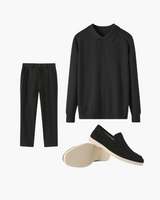 Kayden | All-Black Passendes Outfit mit Langer Ärmel Polohemd, hose & Wildleder-Loafer – Schwarz