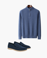 Damian | Blau Zopfmuster-Pullover & Wildleder-Loafer 2-teiliges Passendes Outfit – Blau