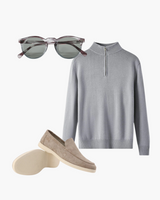 Dominic | Lässig 3-teiliges Passendes Set mit Half Zip-Pullover, Loafern & Runde Sonnenbrille – Grau