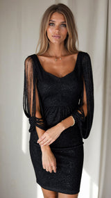 Simi - Damen Abendkleid mit Pailletten und feiner Schnittführung – Schwarz